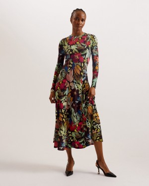 Ted Baker Alexann Printed Long Sleeved Women's Dress Black | 716208-RFT