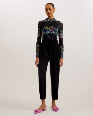 Ted Baker Amandha Printed Mesh Long Sleeve Women's Tops Black | 410623-FKC