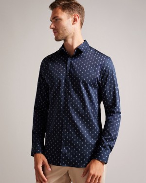 Ted Baker Ardea LS Pen Dot Geo Print Men's Shirts Navy | 859130-UOL