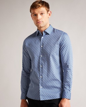 Ted Baker Barder Long Sleeve Stretch Geo Men's Shirts Blue | 739186-OKI