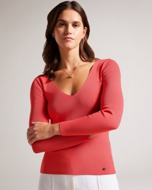 Ted Baker Cileste V Neck Slim Fit Knit Women's Tops Coral | 592481-UQC