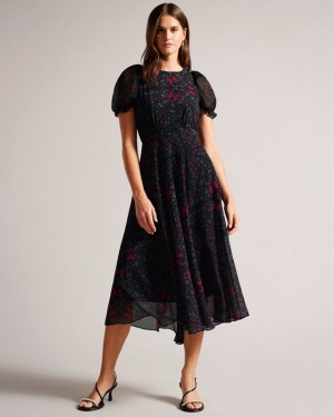 Ted Baker Daniaa Graduated Midi with Ruched Puff Sleeve Women's Dress Black | 652849-IAF