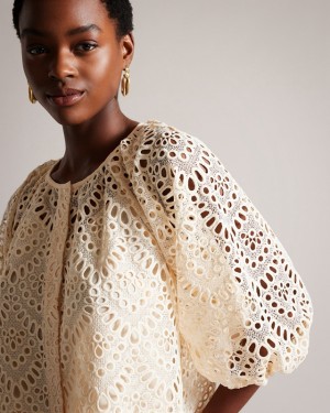 Ted Baker Elaraa Crochet Puff Sleeve Women's Shirts White | 538612-RGL