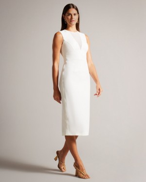 Ted Baker Elissii Bodycon Midi with Sheer Panelling Women's Dress White | 961275-SFQ