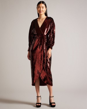 Ted Baker Emaleee Plunge Neck Sequin Midi Women's Dress Coffee | 609175-UAR