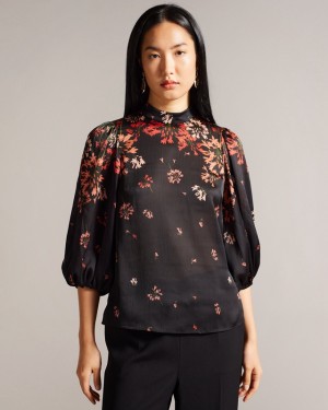 Ted Baker Eranthe High Neck Balloon Sleeve Women's Shirts Black | 517460-MYO