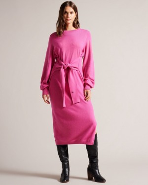 Ted Baker Essya Slouchy Tie Front Midi Knit Women's Dress Pink | 294503-ALY