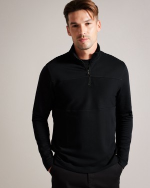 Ted Baker Gazine LS Textured Panel Half Zip Men's Sweaters Black | 378416-TPD