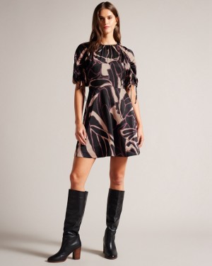 Ted Baker Gilliaa Printed Mini Fit and Flare with Puff Sleeve Women's Dress Black | 031586-IHA