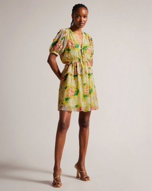 Ted Baker Isbella Mini with Puff Sleeves Women's Dress Yellow | 075138-ROP