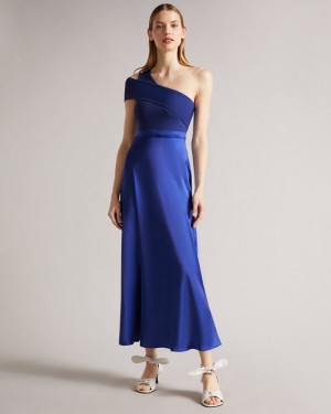 Ted Baker Ivena Asymmetric Knit Bodice Drs with Satin Women's Dress Blue | 751469-QEY