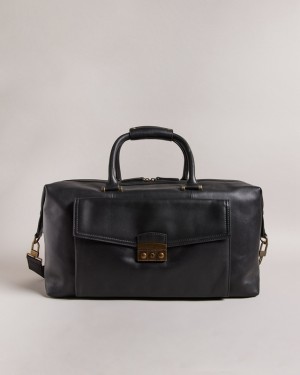 Ted Baker Kalsin Trunk Lock Leather Men's Duffle Bags Black | 605243-JXI