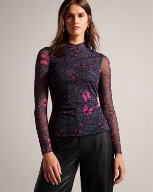 Ted Baker Kamill Mesh Fitted with High Neck Women's Tops Black | 246150-MPF