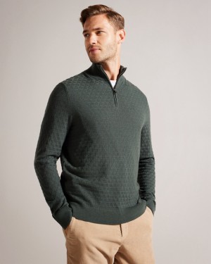 Ted Baker Kurnle LS T Stitch Knitted Half Zip Men's Polo Shirt Green | 604295-GMH