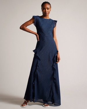 Ted Baker Laurae Bias Cut Maxi with Ruffle Detail Women's Dress Blue | 482601-LYT