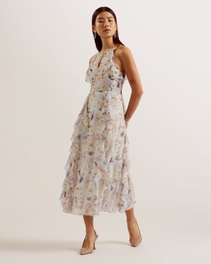 Ted Baker Lauriin Halterneck Midi With Ruffles Women's Dress White | 125607-RSO