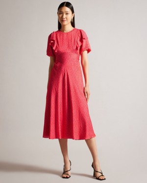 Ted Baker Mayyia Puff Sleeve Ruffle Midi Women's Dress Fuchsia | 624301-PQC