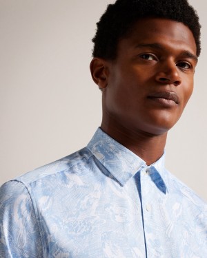 Ted Baker Mullen LS Hand Drawn Bird Print Men's Shirts Blue | 372648-MHY