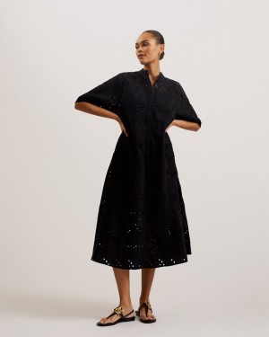 Ted Baker Nikaia Oversized Broderie Women's Dress Black | 789635-OJZ