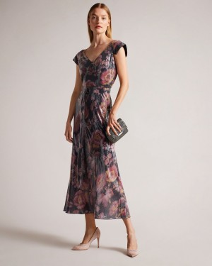 Ted Baker Ninia Bias Cut Self Belted Midi Women's Dress Flower | 329470-OQC