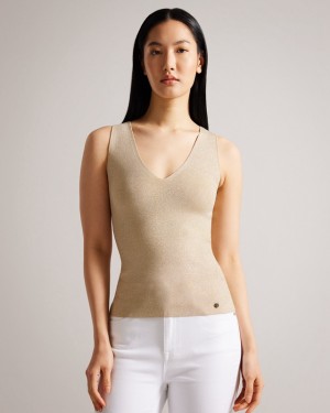 Ted Baker Sharlee Knitted Fitted Vest with Metallic Thread Women's Tops Gold | 168453-HOW