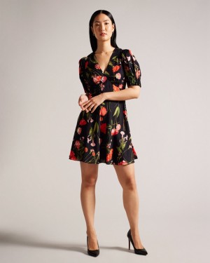 Ted Baker Sienno Mini Puff Sleeve Tea Women's Dress Black | 081536-LMY