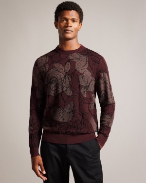 Ted Baker Simpso LS Textured Jacquard Crew Neck Men's Sweaters Burgundy | 403698-WJV