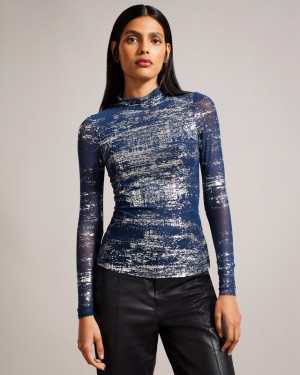 Ted Baker Sofiy Foil Print Mesh Women's Tops Blue | 047685-SEI