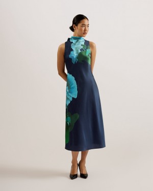 Ted Baker Timava Cowl Neck Midi Slip Women's Dress Navy | 318249-PLK