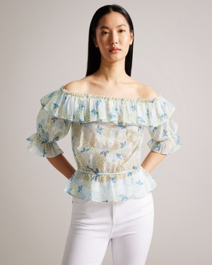 Ted Baker Trisia Off The Shoulder with Elasticated Waist Women's Tops Blue / Blue | 310295-VDG