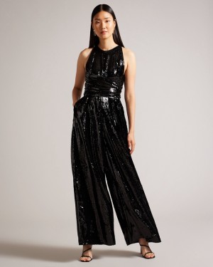 Ted Baker Vivalee Wide Leg Sequin Women's Jumpsuit Black | 935817-BQU