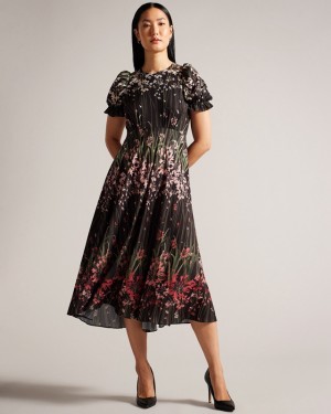 Ted Baker Zahrria High Low Hem with Puff Sleeve Women's Dress Black | 931658-DLT