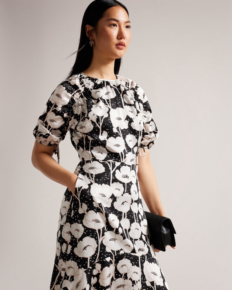 Ted Baker Abriee Puff Sleeve Midi Women's Dress Black | 812037-ZMC