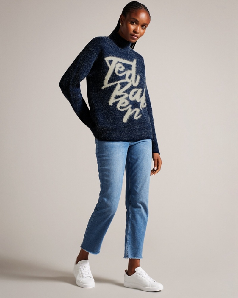 Ted Baker Alyannn Branded Jacquard Knitted Women's Sweaters Blue | 493618-RSP