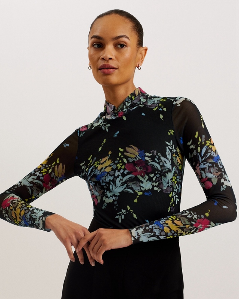 Ted Baker Amandha Printed Mesh Long Sleeve Women's Tops Black | 410623-FKC