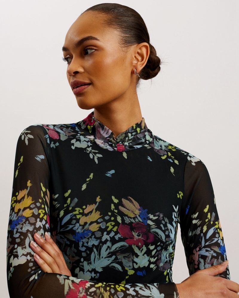 Ted Baker Amandha Printed Mesh Long Sleeve Women's Tops Black | 410623-FKC