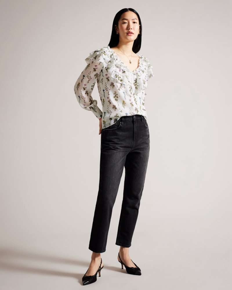 Ted Baker Avarose Frilled V Neck with Long Sleeves Women's Shirts White | 894017-VWR