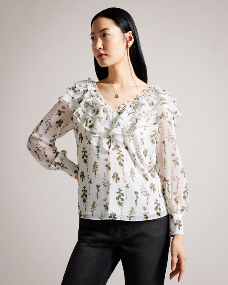 Ted Baker Avarose Frilled V Neck with Long Sleeves Women's Shirts White | 894017-VWR