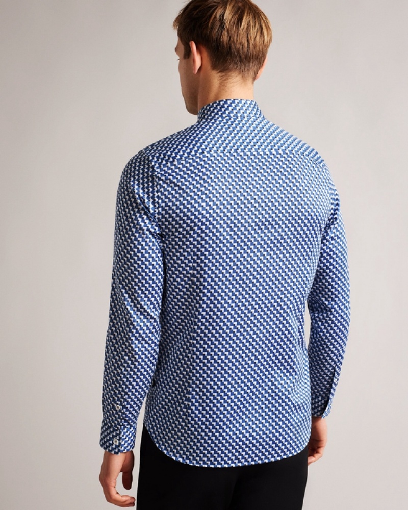 Ted Baker Barder Long Sleeve Stretch Geo Men's Shirts Blue | 739186-OKI