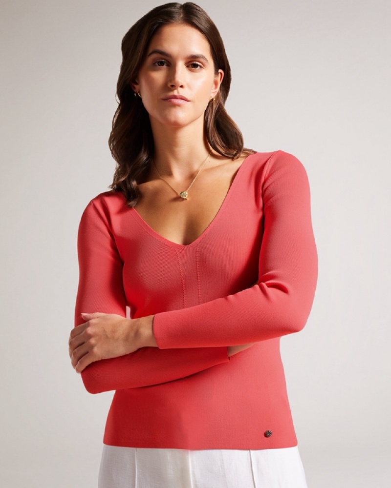 Ted Baker Cileste V Neck Slim Fit Knit Women\'s Tops Coral | 592481-UQC