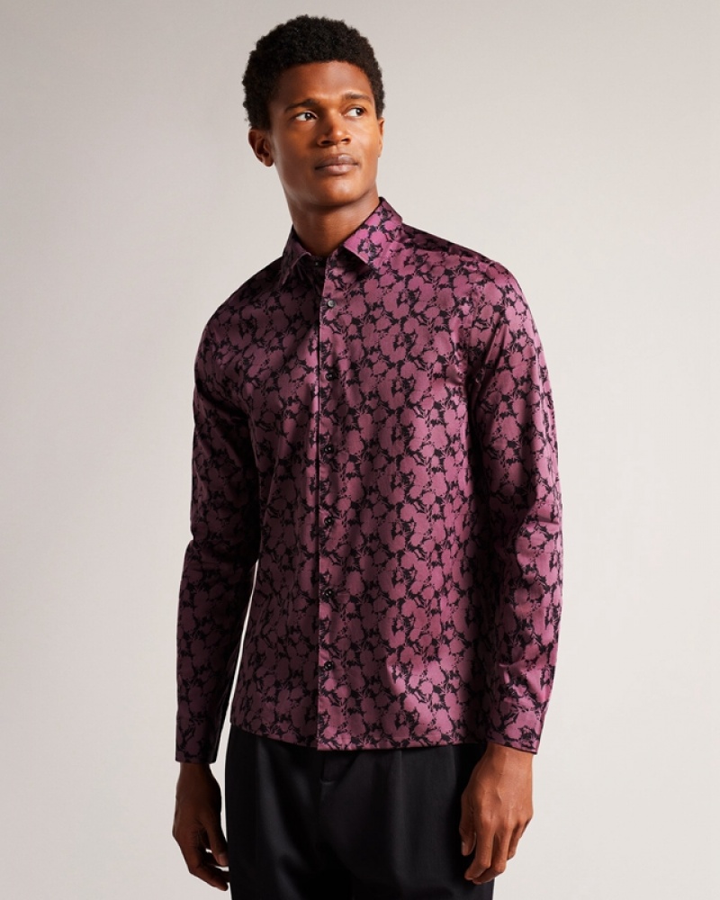 Ted Baker Comlee LS Floral Print Men\'s Shirts Burgundy | 291568-FAR