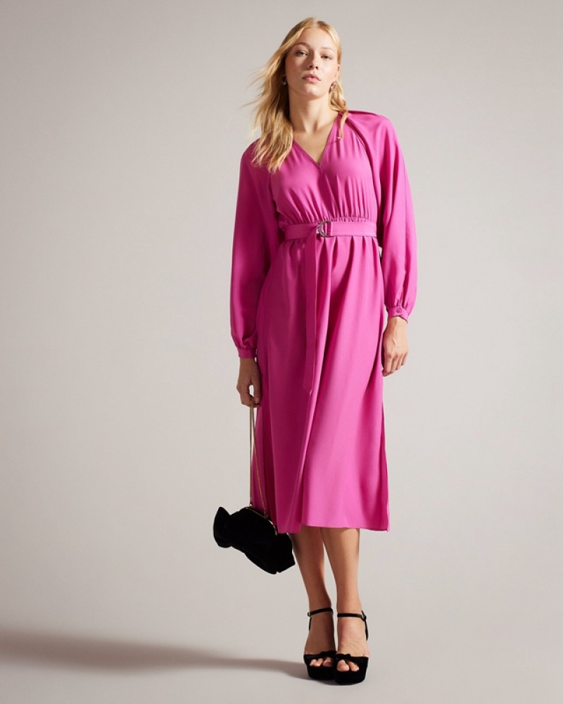 Ted Baker Comus Midi with Gathered Neck Women\'s Dress Pink | 427513-GES