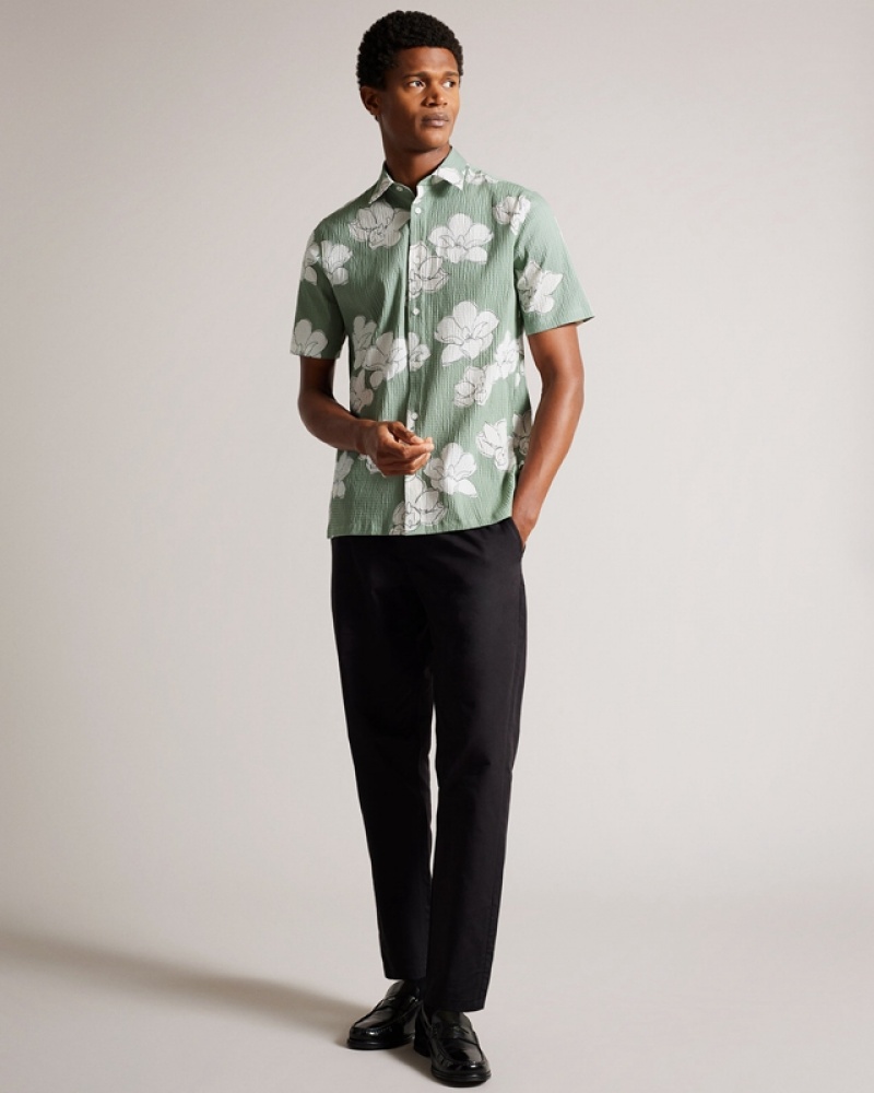 Ted Baker Coving Short Sleeve Seersucker Floral Print Men's Polo Shirt Green | 024813-VFW