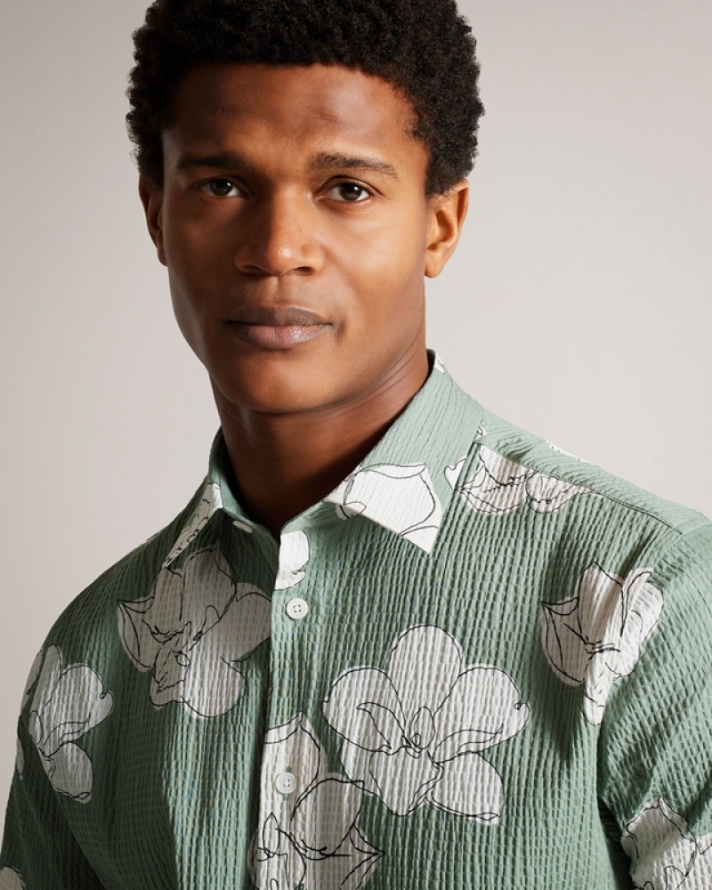 Ted Baker Coving Short Sleeve Seersucker Floral Print Men's Polo Shirt Green | 024813-VFW