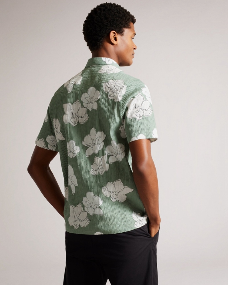 Ted Baker Coving Short Sleeve Seersucker Floral Print Men's Polo Shirt Green | 024813-VFW