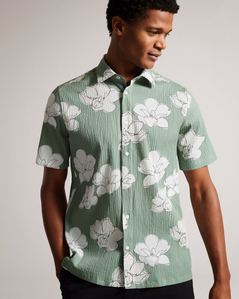 Ted Baker Coving Short Sleeve Seersucker Floral Print Men\'s Polo Shirt Green | 024813-VFW