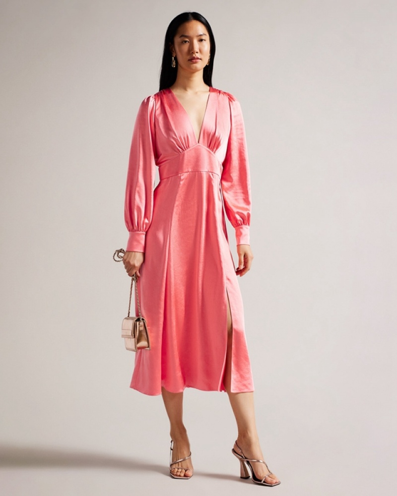 Ted Baker Daniia Waisted Midi with Blouson Sleeve Women\'s Dress Coral | 165029-BFA