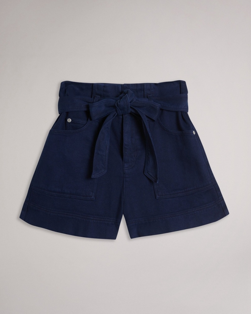 Ted Baker Danikii Self Tie High Waisted Denim Women's Shorts Blue | 147083-LKM