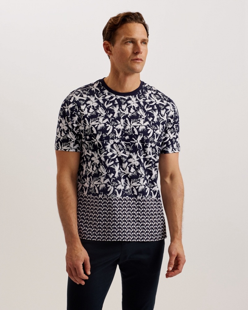 Ted Baker Dodems SS Regular Printed Men\'s T Shirts Navy | 027865-BRZ