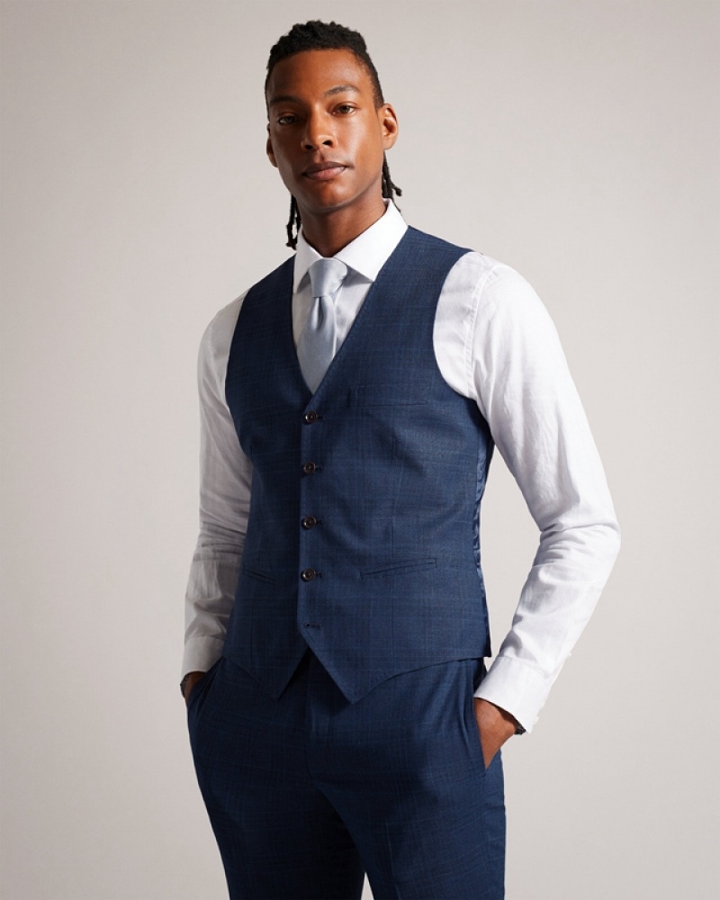 Ted Baker Drydenw Check Men\'s Suit Waistcoat Navy | 321475-CAY